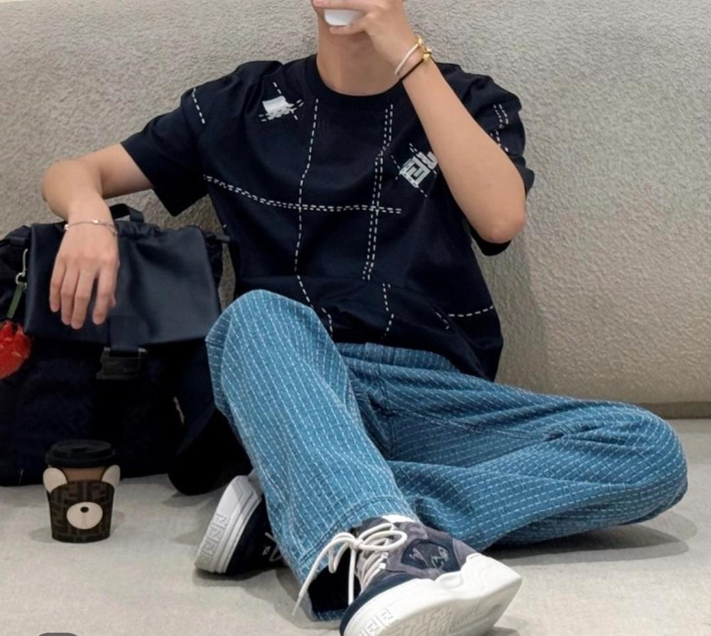 Fendi - Navy Abstract Print T-Shirt with Contrast Stitching