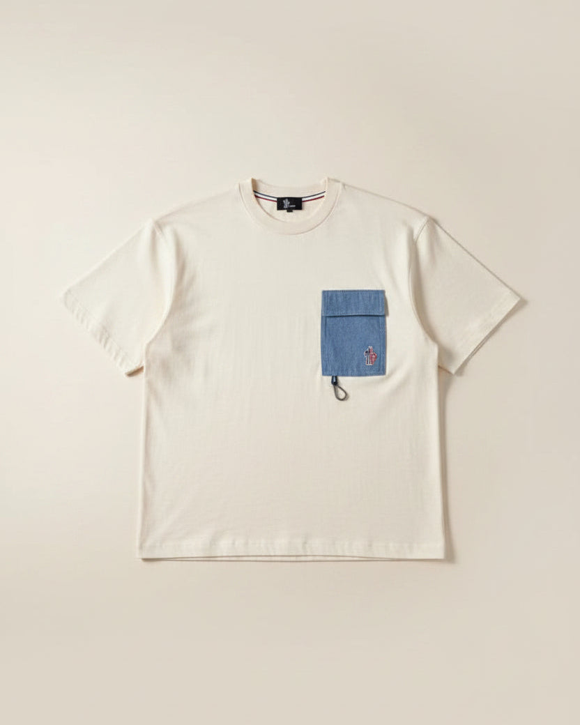 Moncler - Cream T-Shirt with Denim Patch Pocket