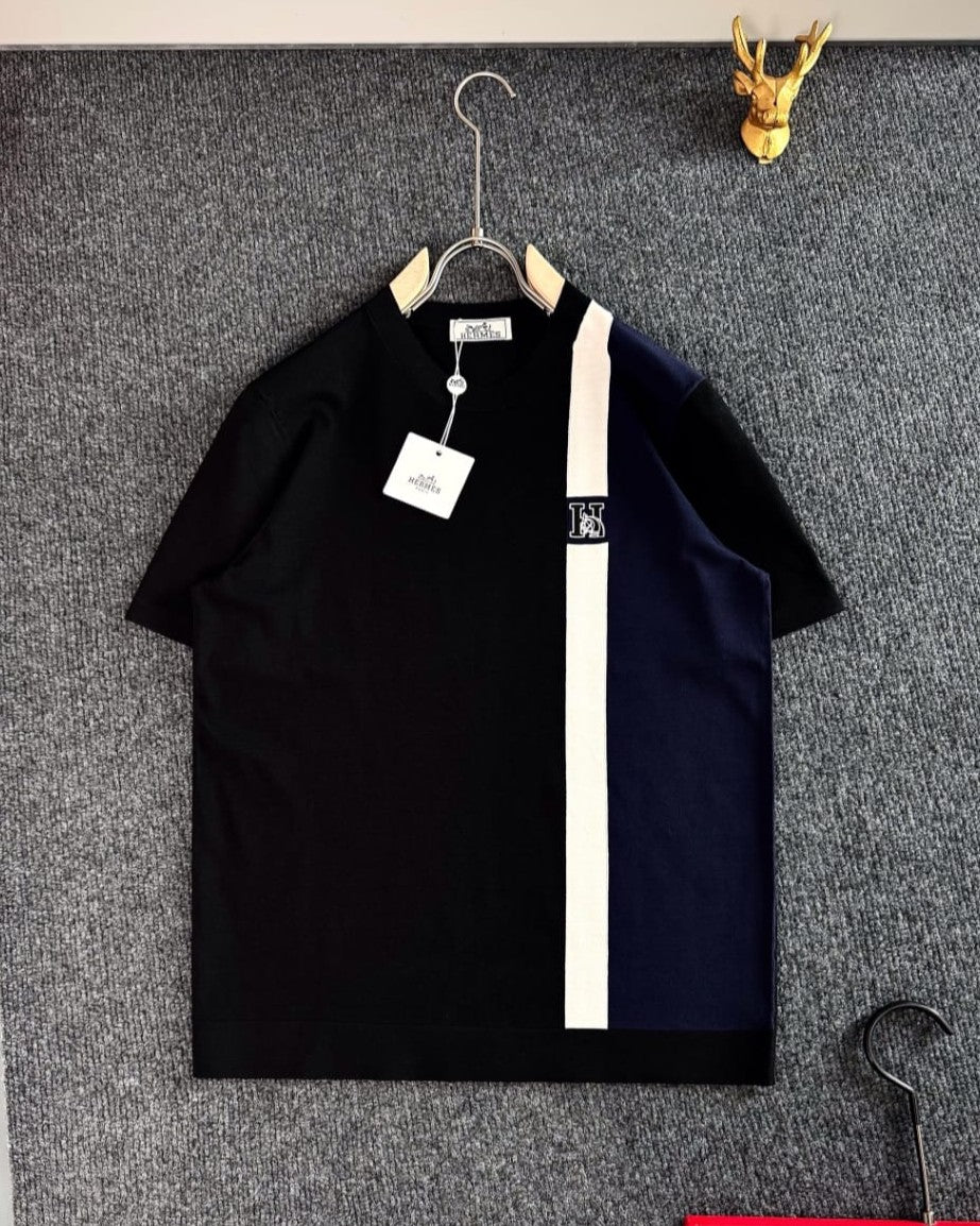 Hermès - Black & Navy Color Block Polo Shirt with Contrast Stripe