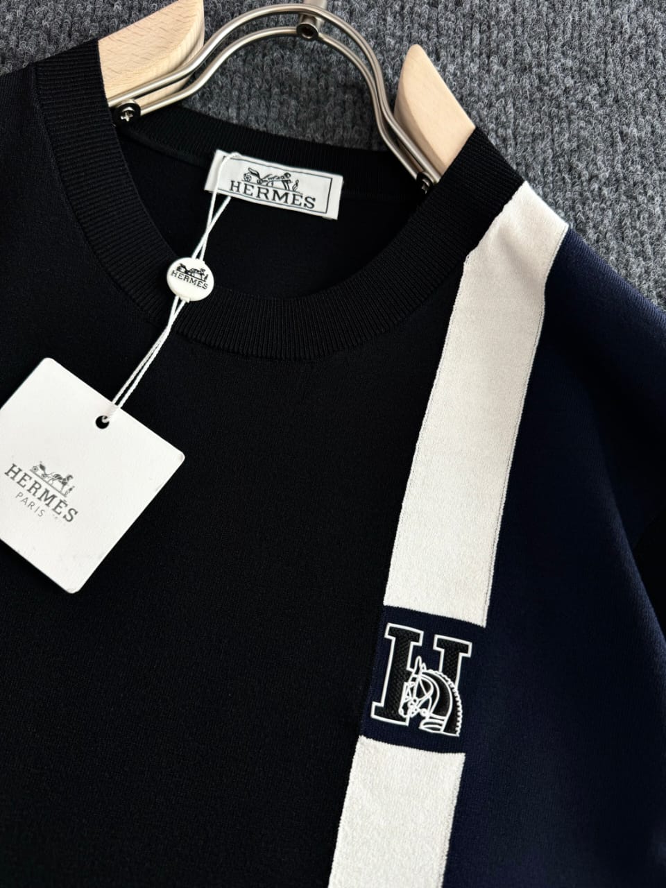 Hermès - Black & Navy Color Block Polo Shirt with Contrast Stripe