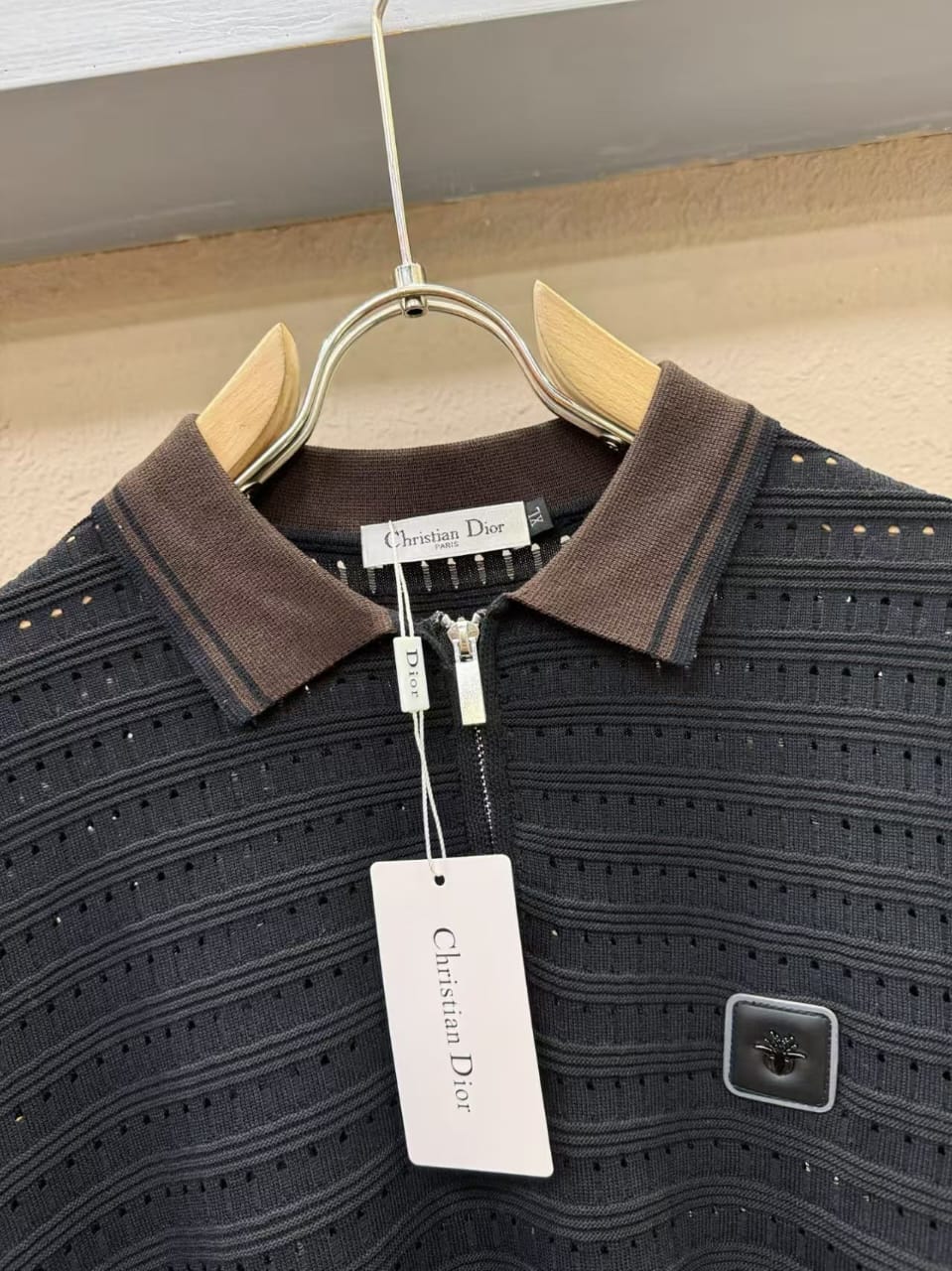 Dior - Black Textured Knit Polo Shirt with Bee Patch