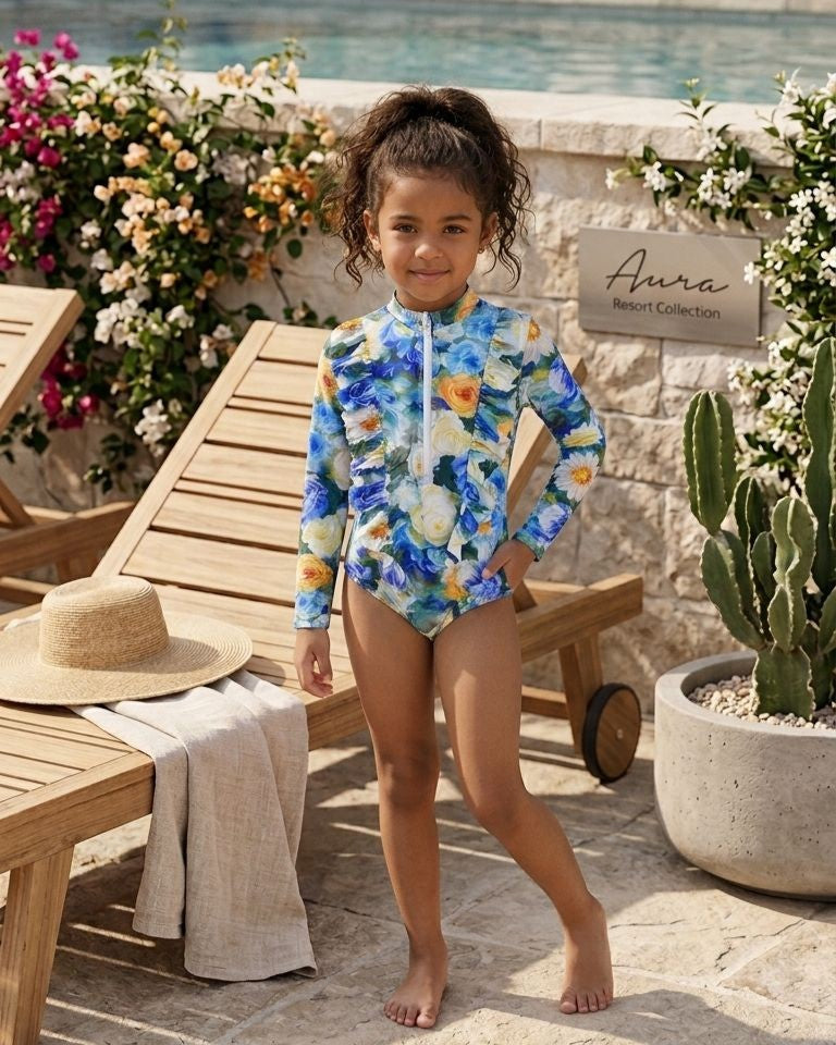 Dior Kids - Girls' Multi-Floral Ruffled One-Piece Swimsuit