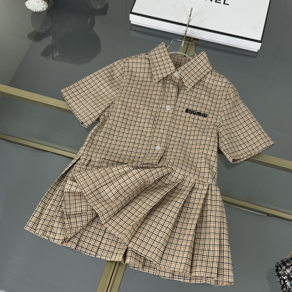 Miu Miu Kids - Checked Short Dress with Pleated Skirt