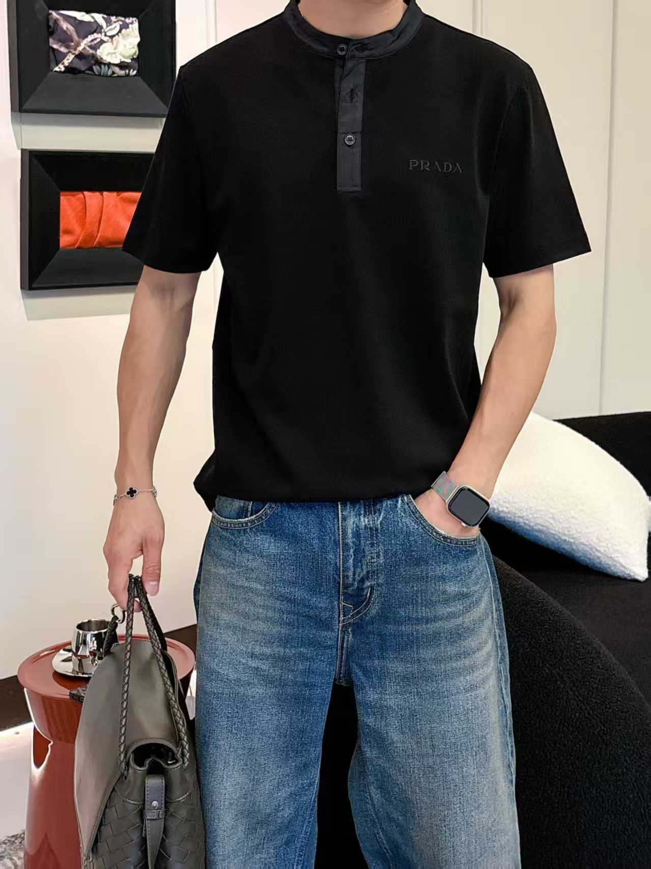 Prada - Silk Blend Henley Neck Knit T-Shirt