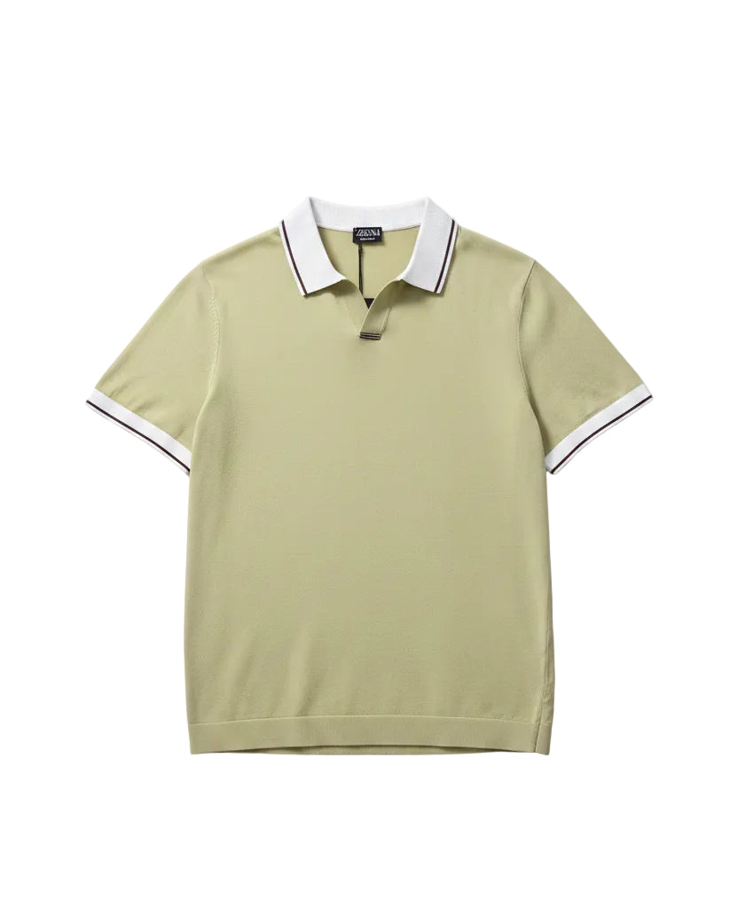 Zegna - Contrast Trim Silk-Cotton Knit Polo Shirt (Olive Green)