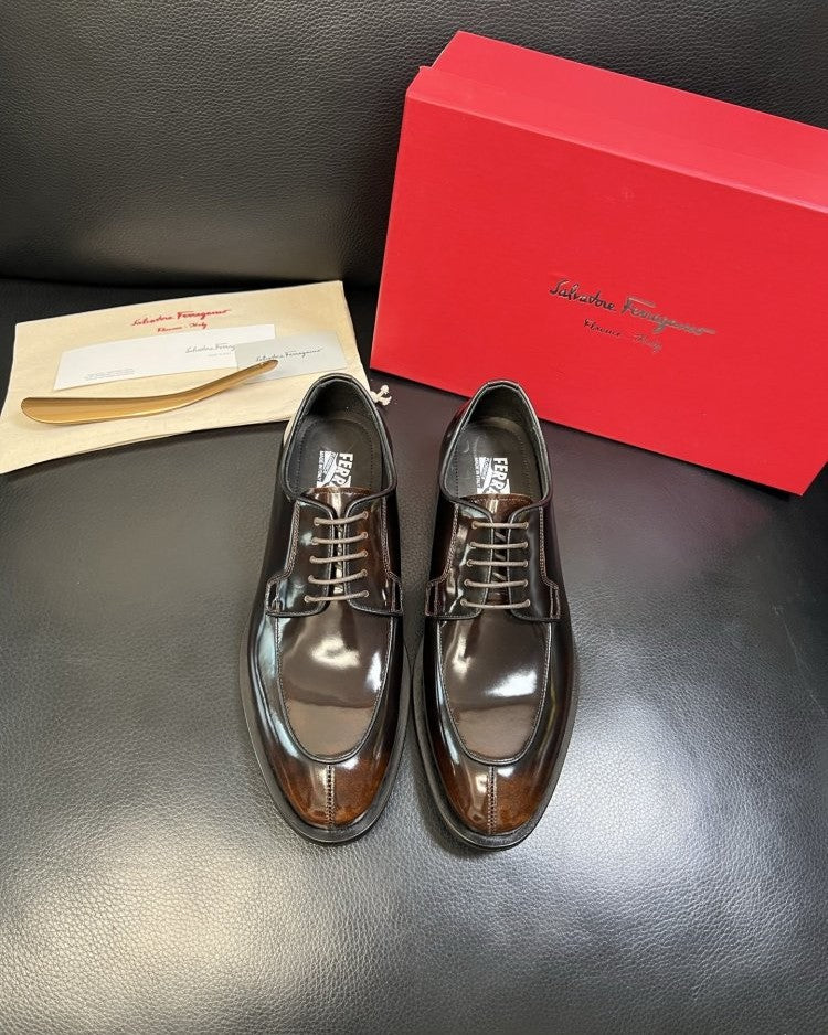 Ferragamo - Polished Leather Derby Shoes - Dark Brown