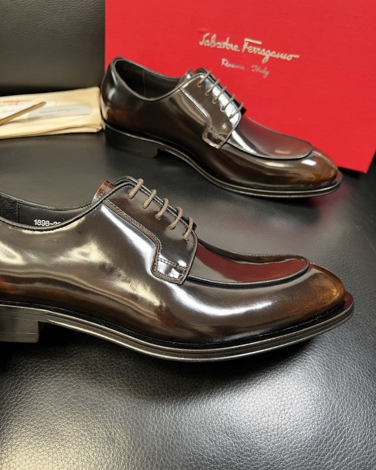 Ferragamo - Polished Leather Derby Shoes - Dark Brown