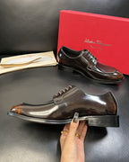 Ferragamo - Polished Leather Derby Shoes - Dark Brown