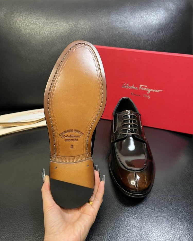 Ferragamo - Polished Leather Derby Shoes - Dark Brown