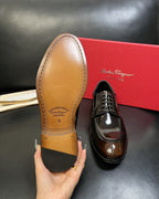 Ferragamo - Polished Leather Derby Shoes - Dark Brown