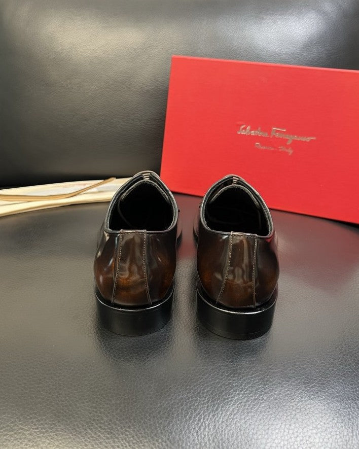 Ferragamo - Polished Leather Derby Shoes - Dark Brown
