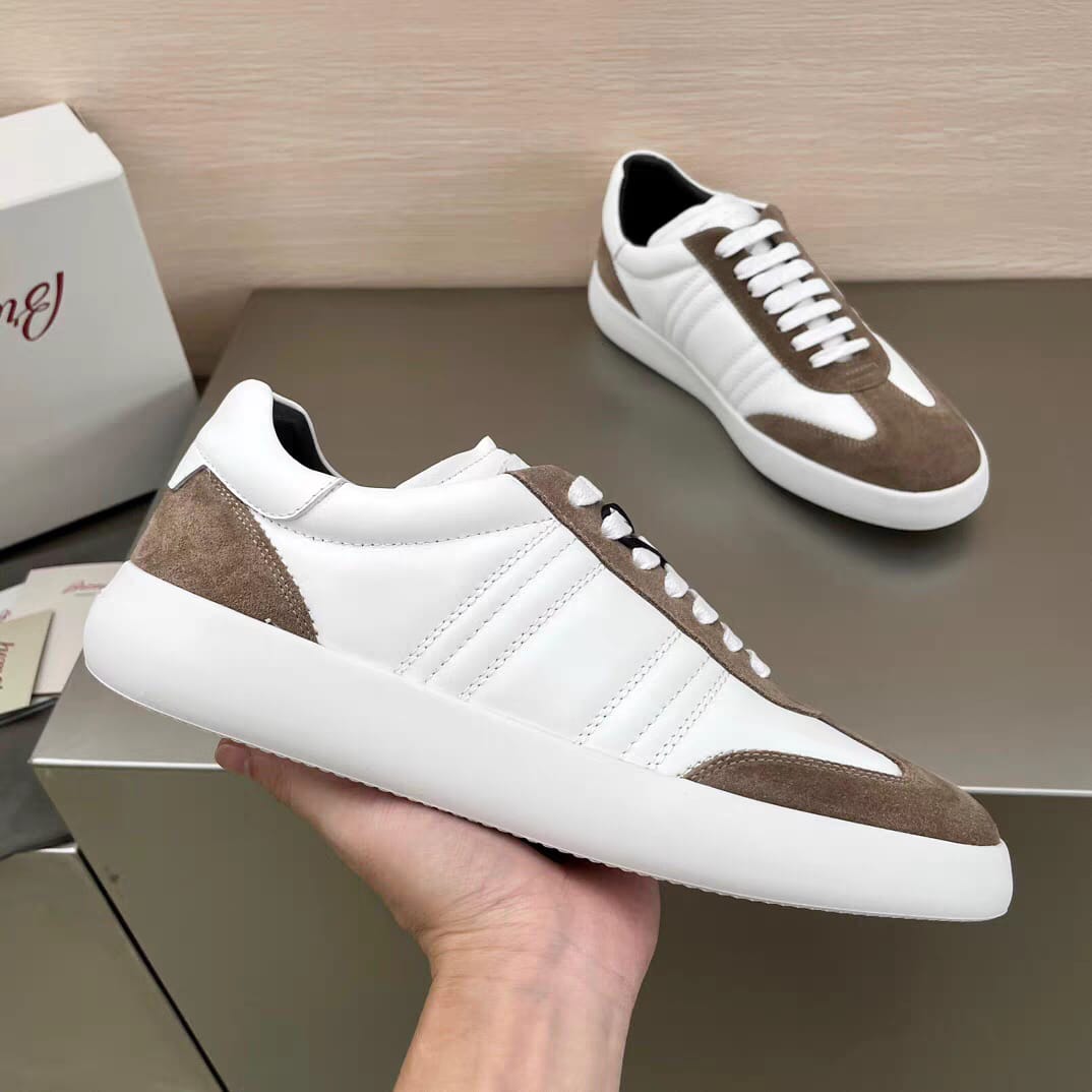 Brioni - White Leather and Brown Suede Low-Top Sneakers
