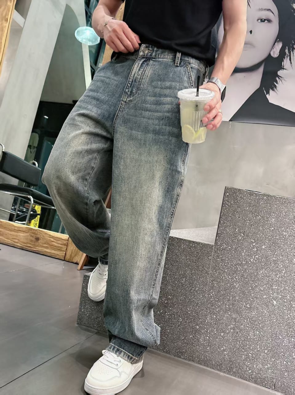 Saint Laurent - Vintage Tint Distressed Wide-Leg Denim Trousers (Mineral Gray Blue)