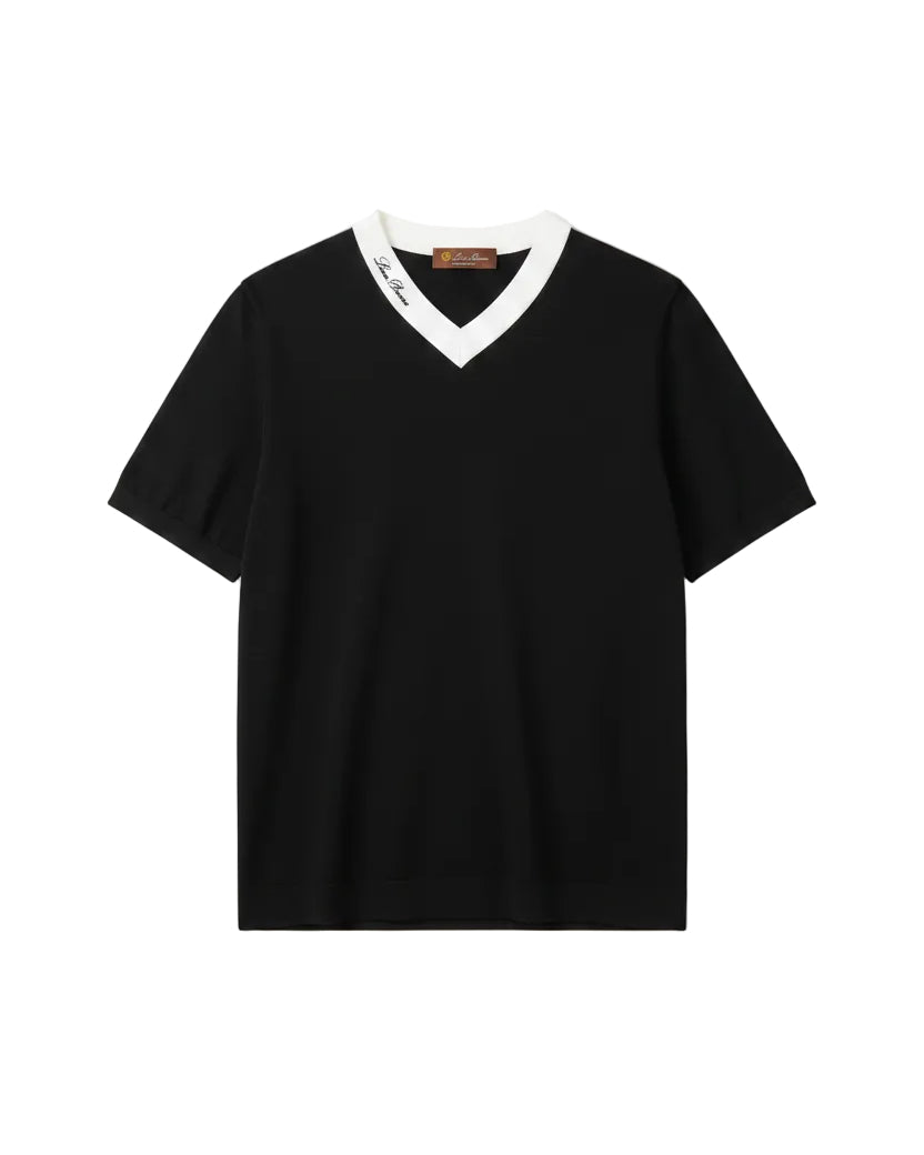 Loro Piana - Contrast V-Neck Knit T-Shirt (Onyx Black & Optic White)