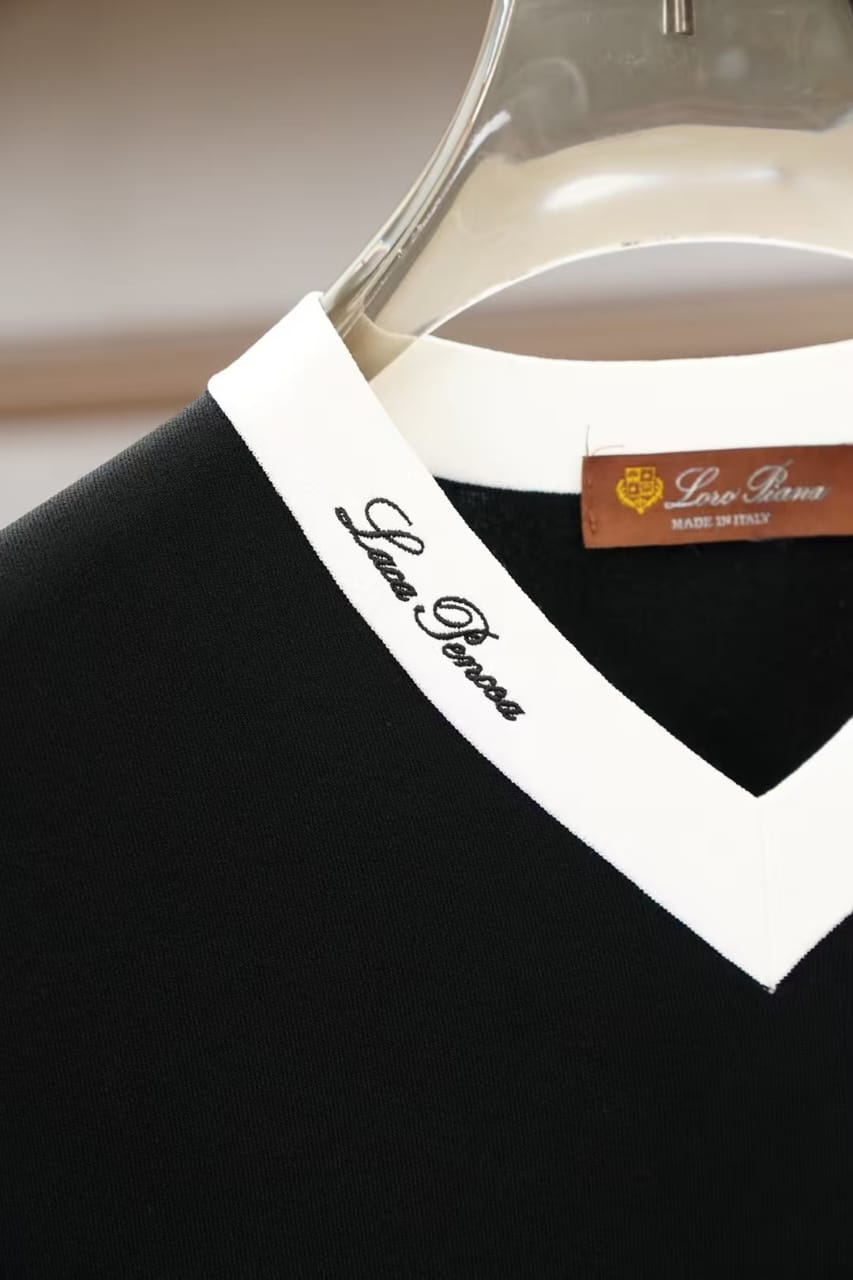 Loro Piana - Contrast V-Neck Knit T-Shirt (Onyx Black & Optic White)