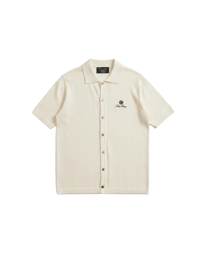 Loro Piana - Embroidered Crest Fine-Knit Button-Up Polo (Off-White)