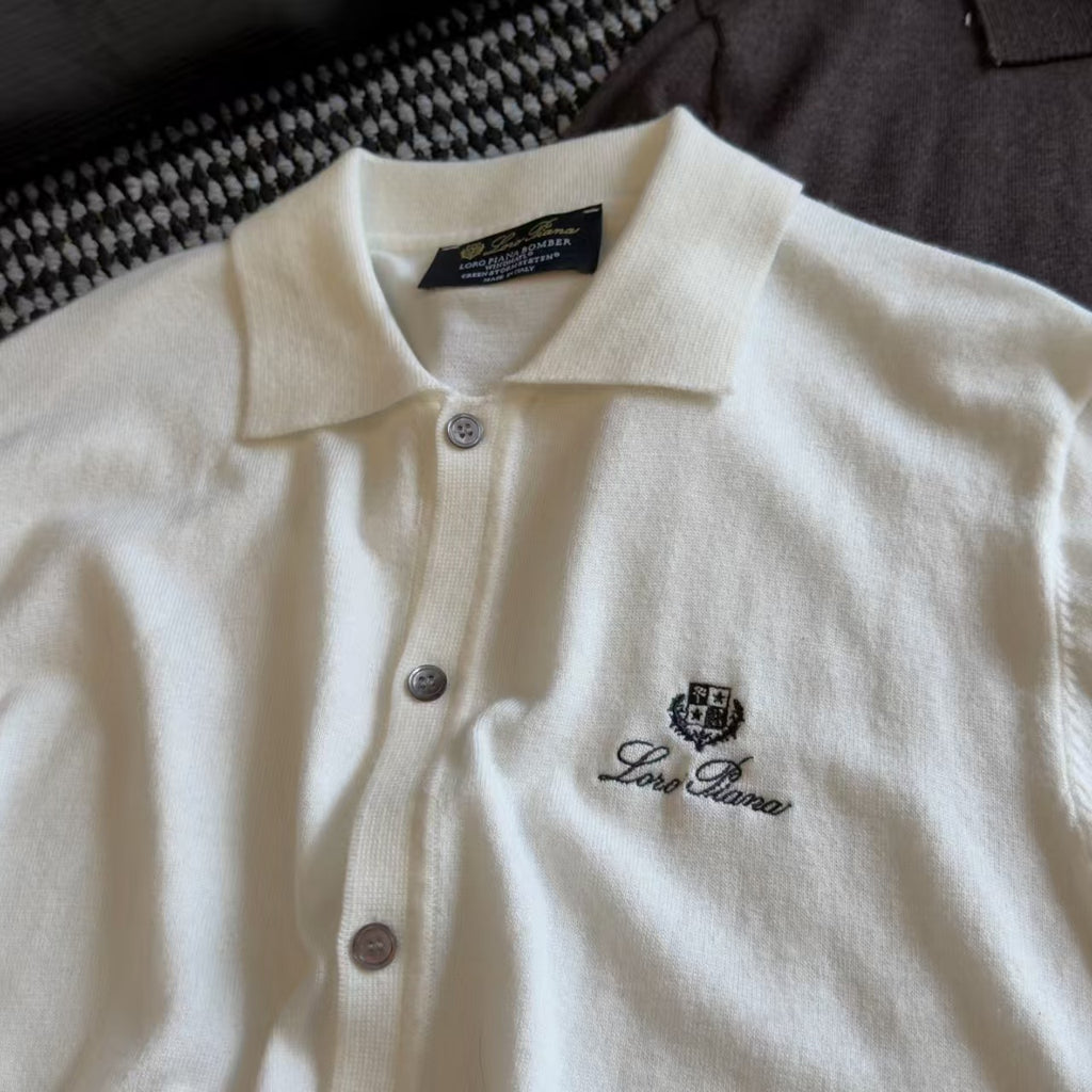 Loro Piana - Embroidered Crest Fine-Knit Button-Up Polo (Off-White)