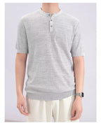 Premium Ribbed Knit Henley T-Shirt - Gray