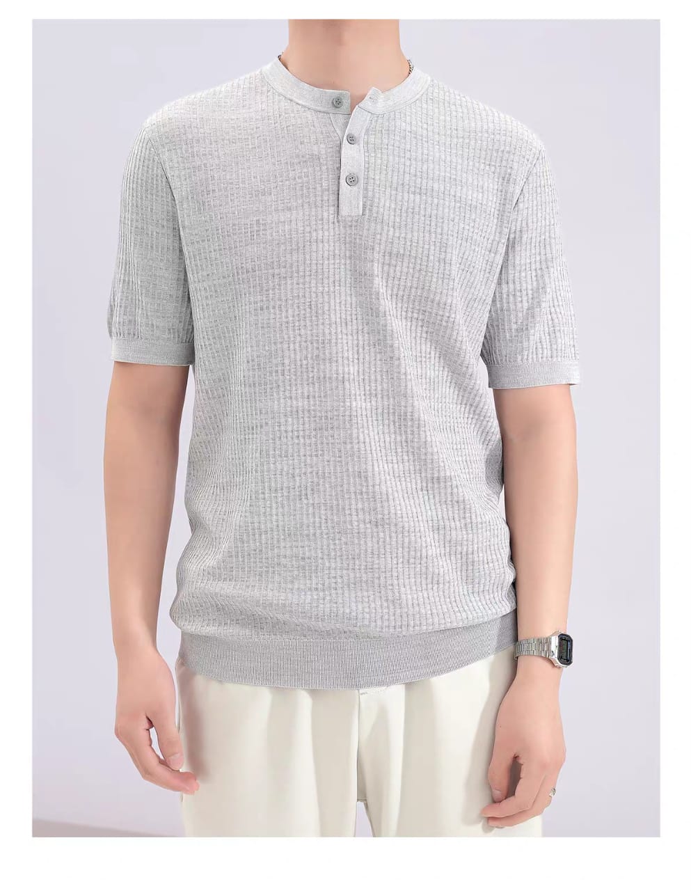 Premium Ribbed Knit Henley T-Shirt - Gray