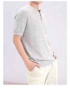 Premium Ribbed Knit Henley T-Shirt - Gray
