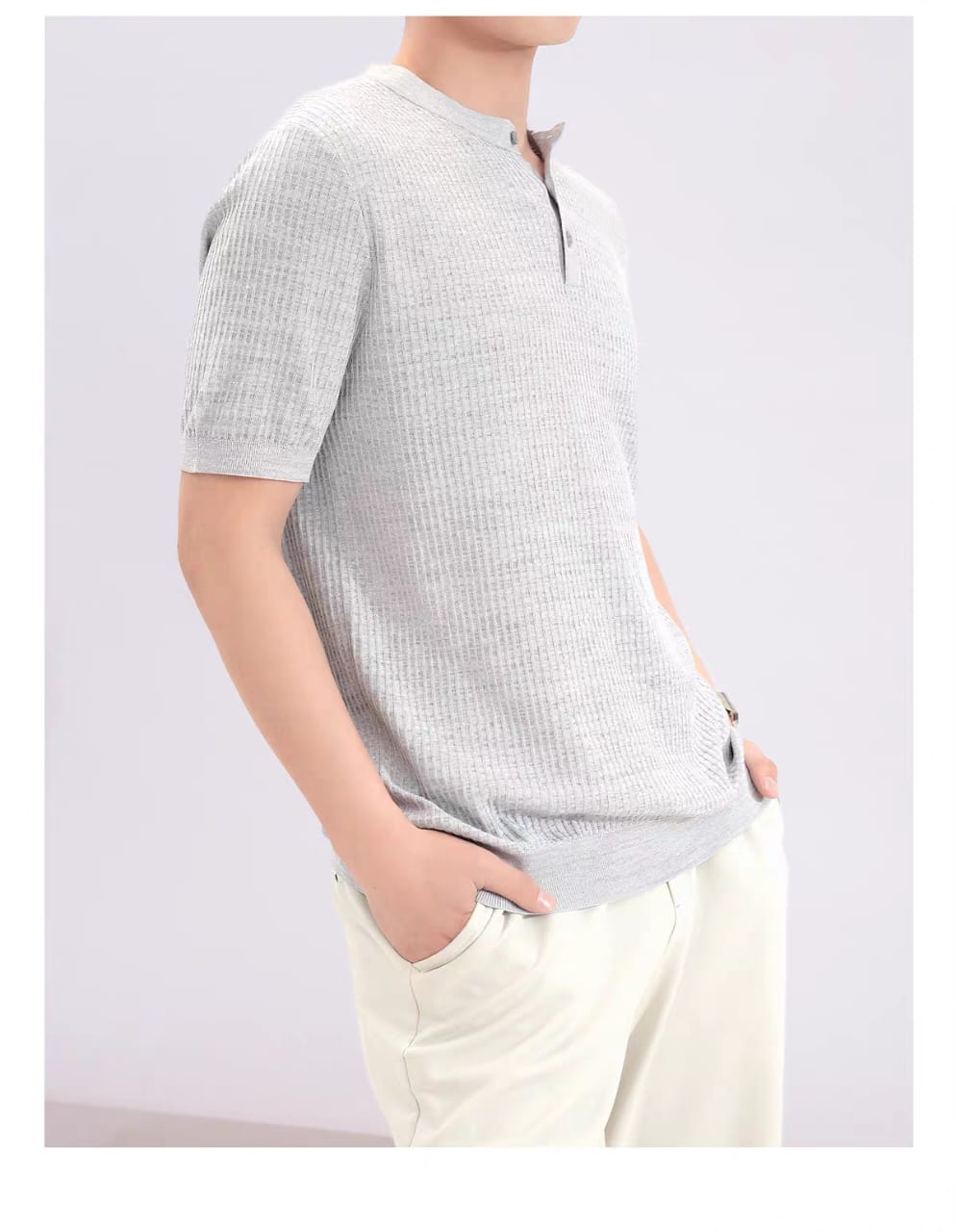 Premium Ribbed Knit Henley T-Shirt - Gray