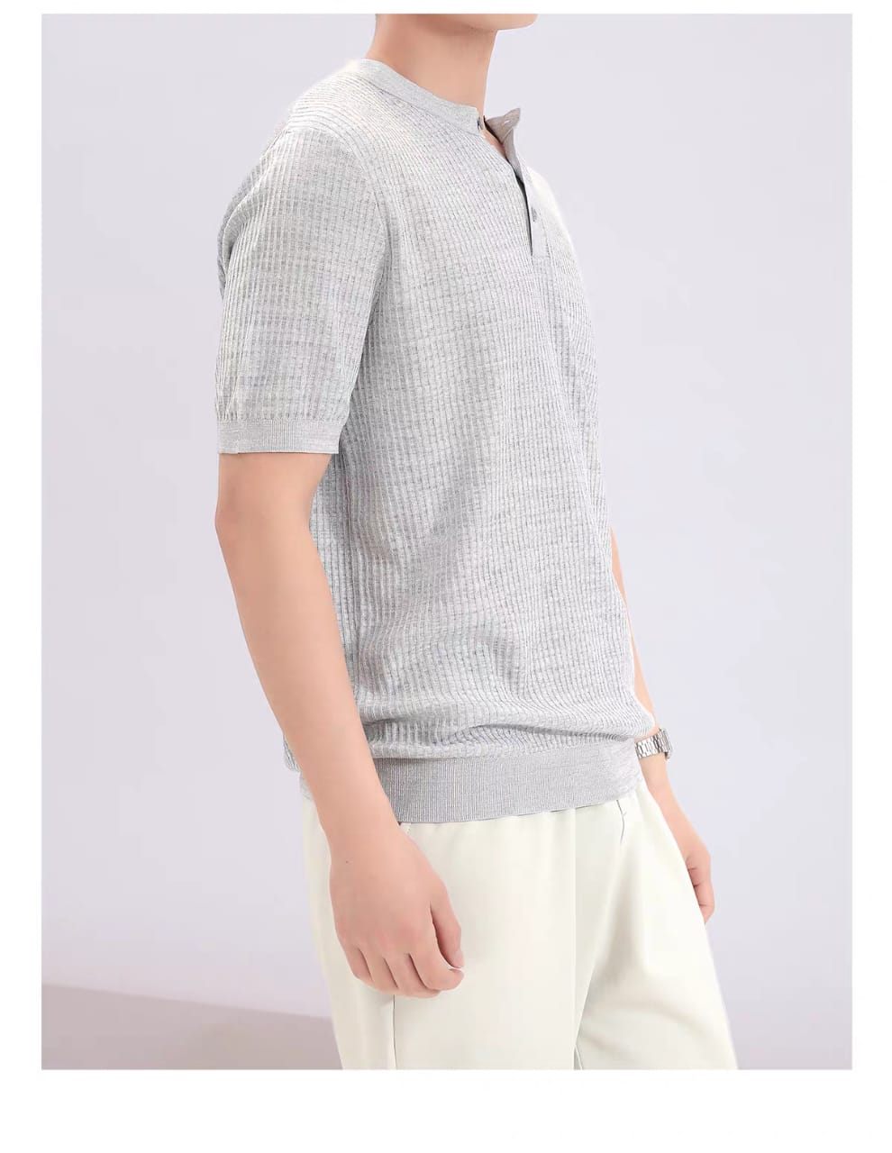 Premium Ribbed Knit Henley T-Shirt - Gray