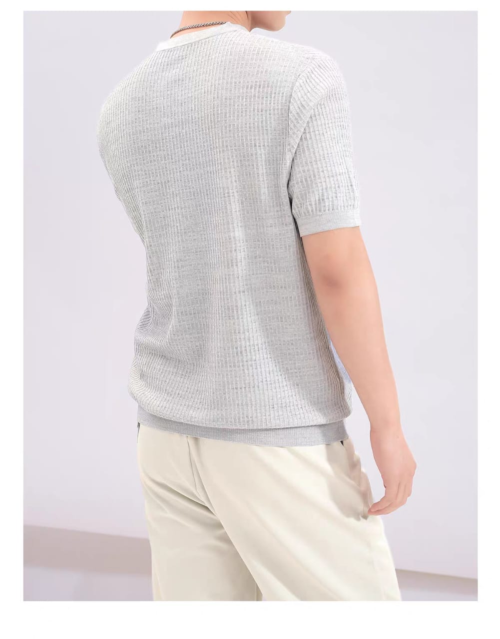 Premium Ribbed Knit Henley T-Shirt - Gray