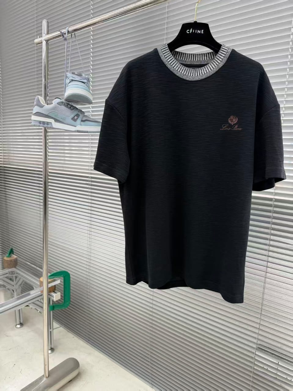 Loro Piana - Black Textured T-Shirt w. Contrast Striped Collar