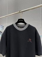 Loro Piana - Black Textured T-Shirt w. Contrast Striped Collar