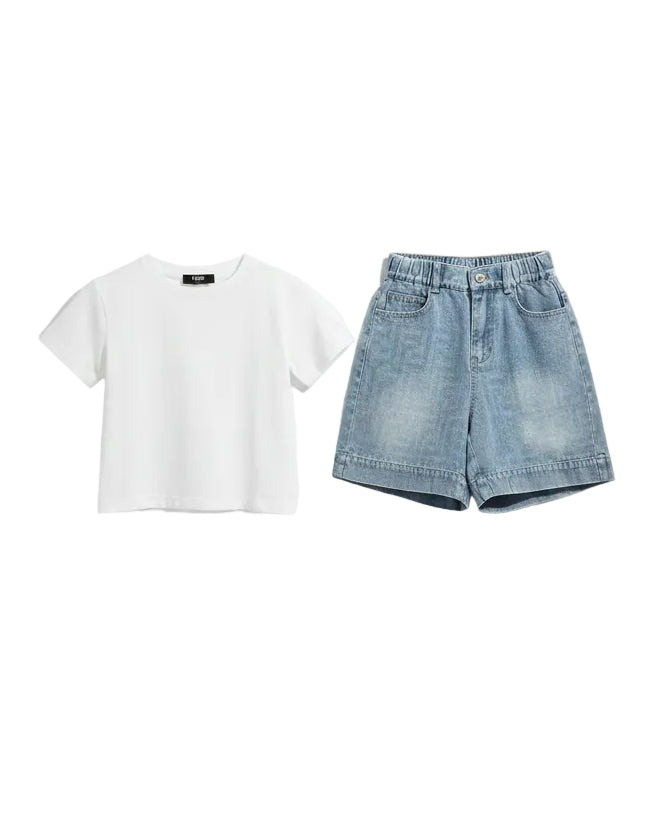 Fendi Kids - Minimalist T-Shirt & Denim Shorts Set (Optic White & Light Wash)