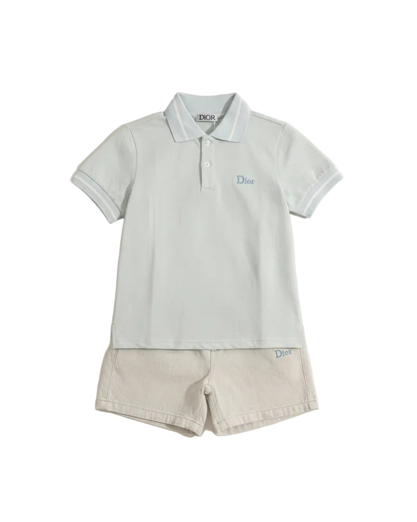Dior Kids - Tipped Polo Shirt & Denim Shorts Set (Ice Blue & Light Grey)