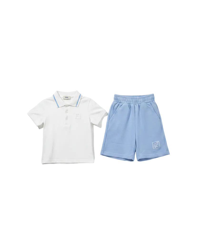 Fendi Kids - Tipped Polo & Sweatshorts Set (Optic White & Sky Blue)