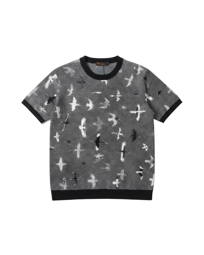 Loro Piana - Crane Motif Jacquard Fine-Knit T-Shirt (Charcoal & White)