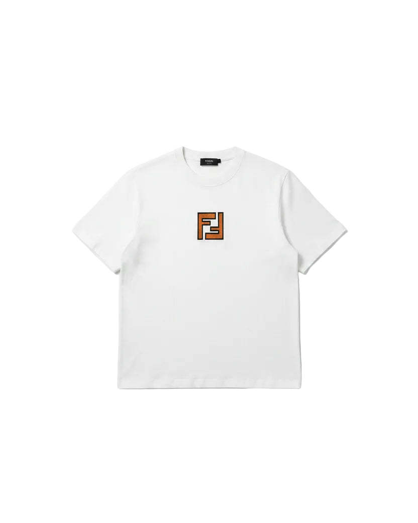 Fendi - FF O'Lock Chenille Embroidered Heavyweight T-Shirt (Optic White & Tobacco)
