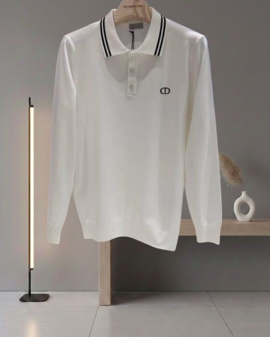 Dior - White CD Icon Knit Long-Sleeve Polo Shirt with Striped Collar