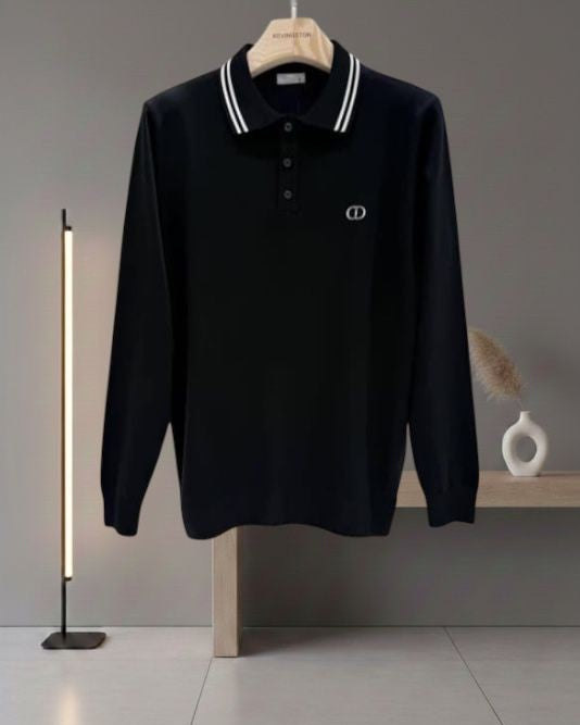 Dior - Men's Long-Sleeve Knit Polo Sweater with Striped Trim and CD Logo