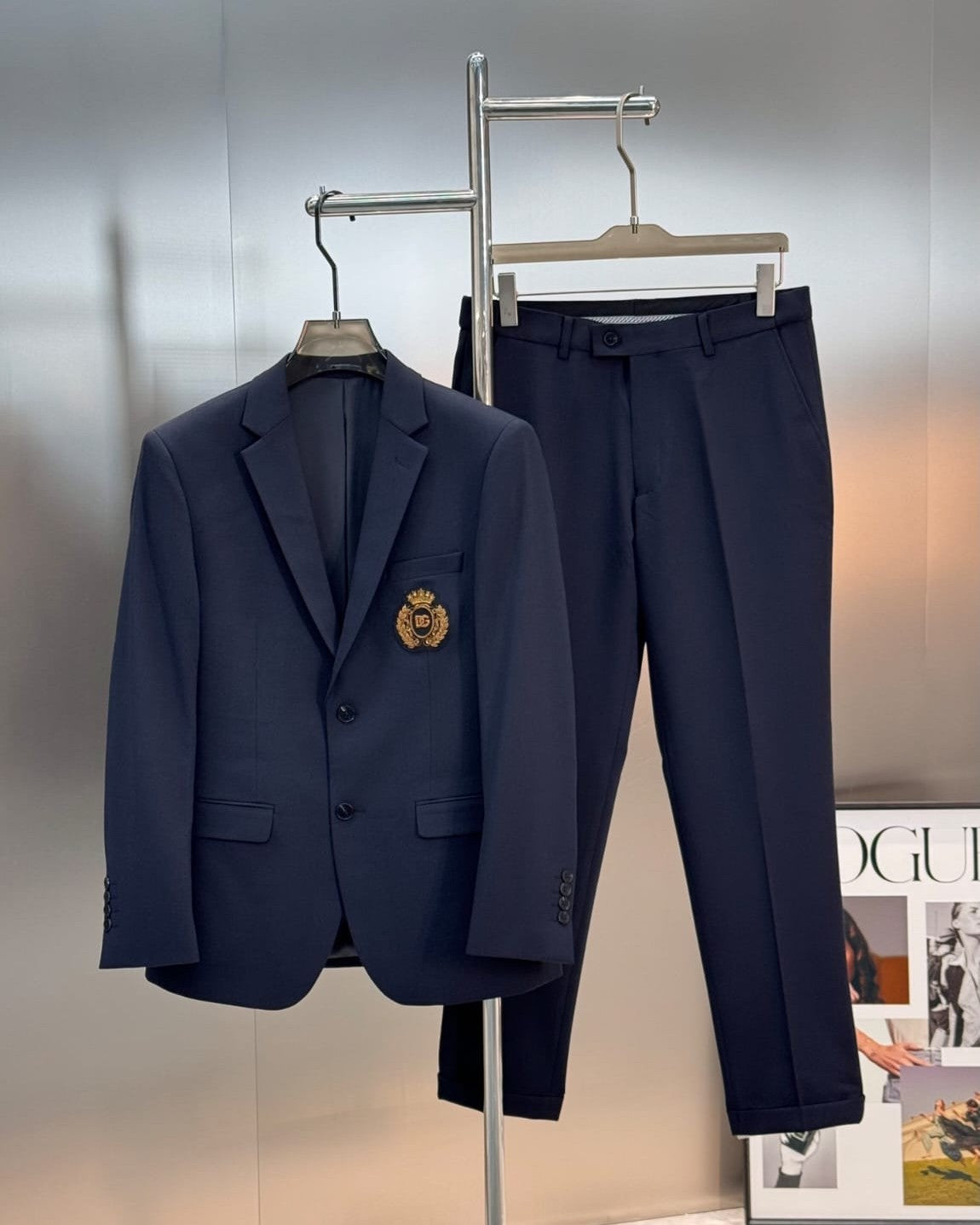 Dolce & Gabbana - Navy Tailored Suit with Gold Embroidered Crest