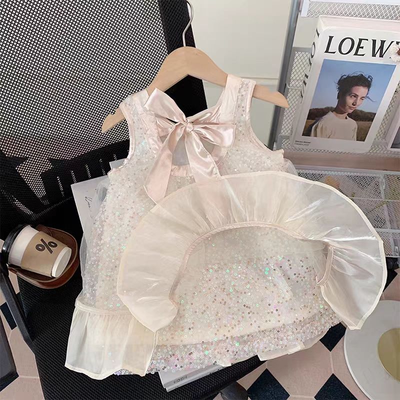 Chanel Kids - Sequined Tulle Bow Dress - Beige