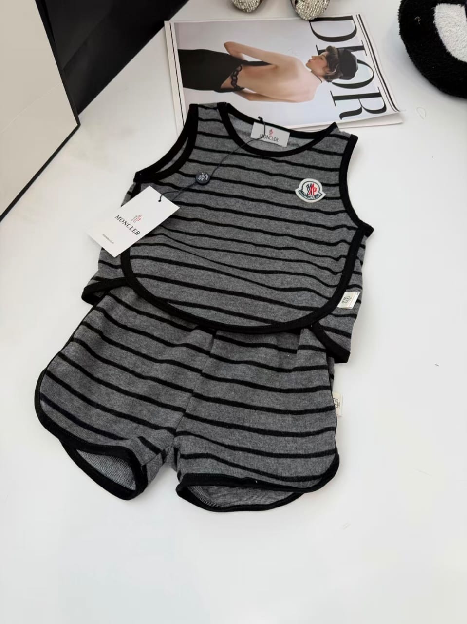 Moncler Kids - Grey & Black Striped Two-Piece Tank Top and Shorts Set