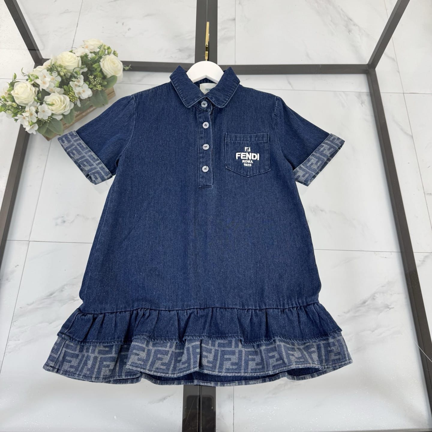 Fendi Kids - FF Logo Trim Denim Polo Dress
