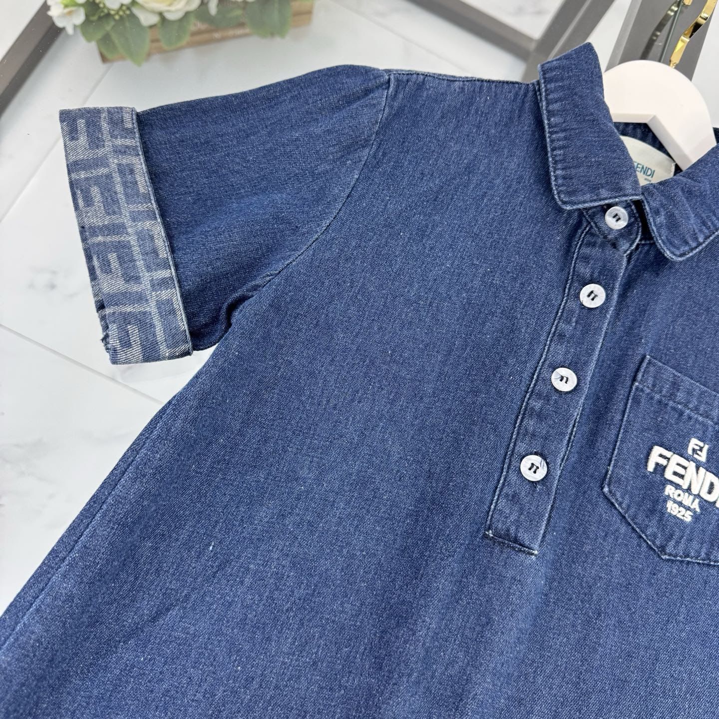 Fendi Kids - FF Logo Trim Denim Polo Dress