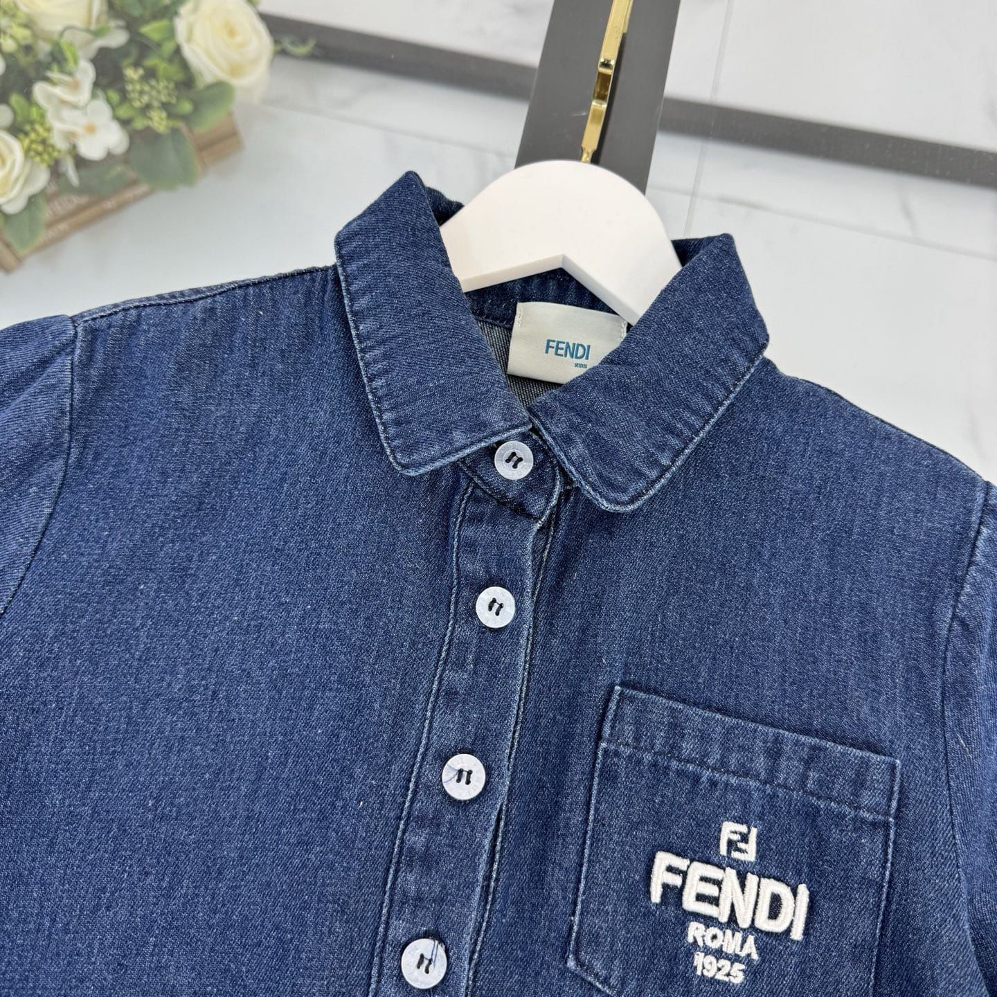 Fendi Kids - FF Logo Trim Denim Polo Dress