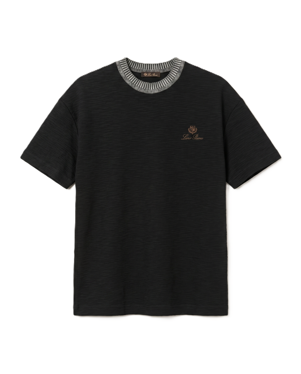 Loro Piana - Black Textured T-Shirt w. Contrast Striped Collar
