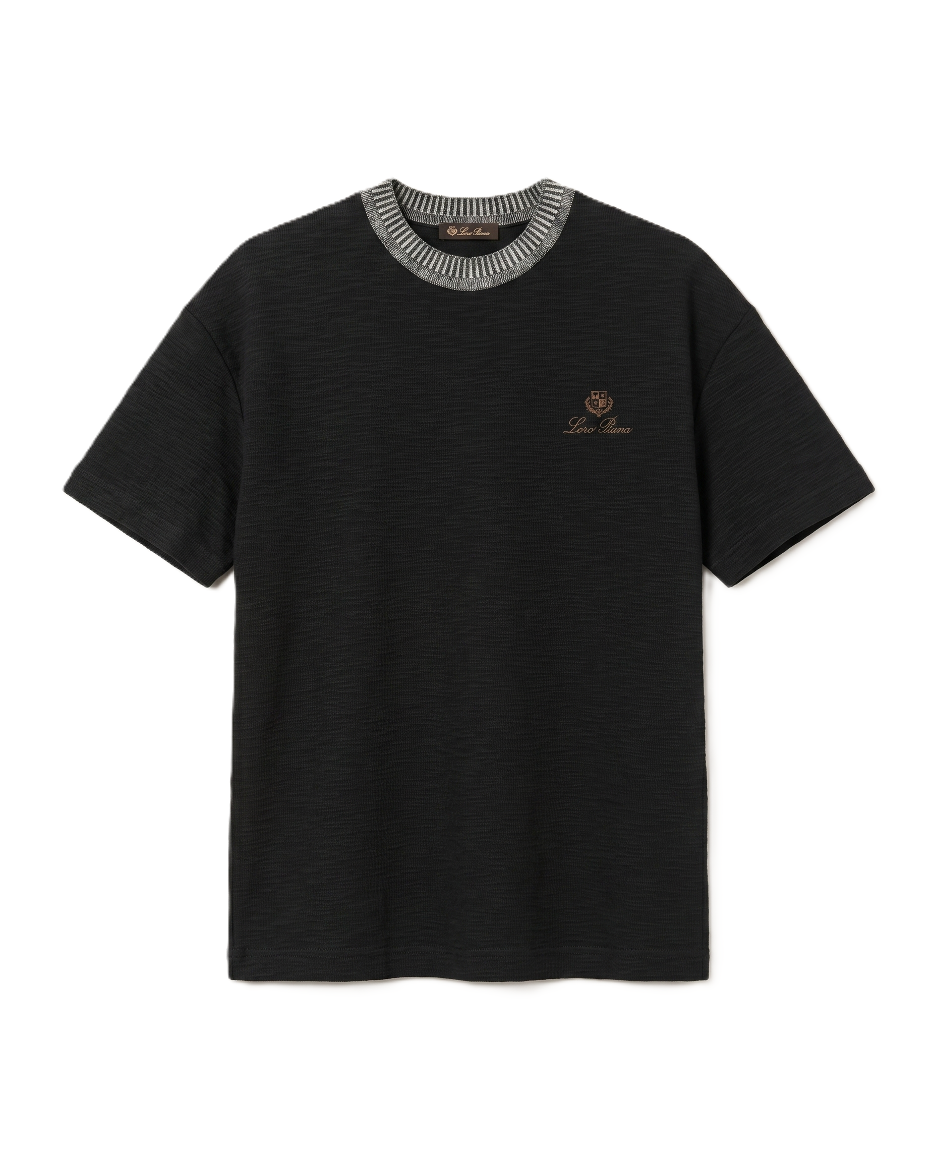Loro Piana - Black Textured T-Shirt w. Contrast Striped Collar