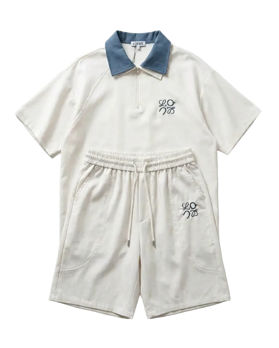Loewe - Anagram Embroidered Half-Zip Shorts Set (Off-White)