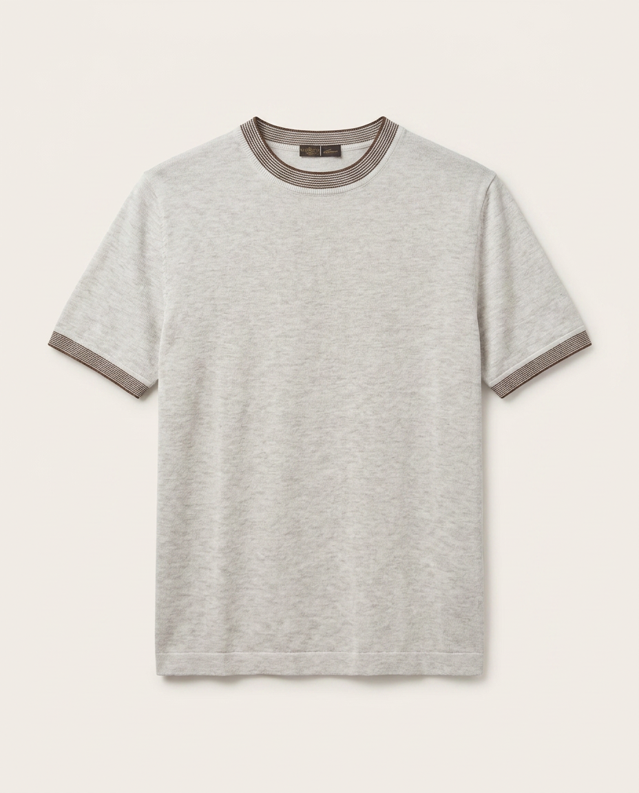 Loro Piana - Light Grey Knit T-Shirt with Striped Rib Trims