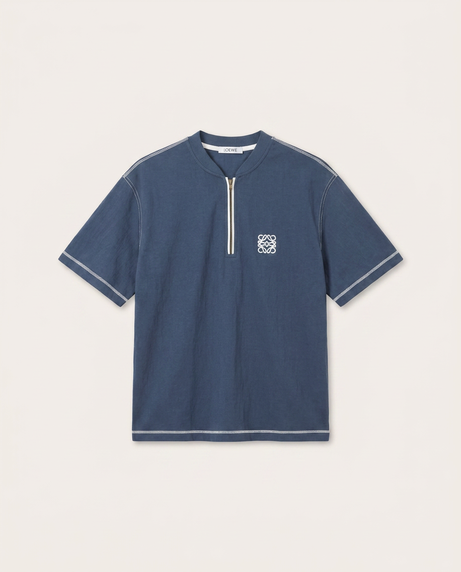 Loewe - Navy Zip Polo T-Shirt with Anagram Logo & Contrast Stitching