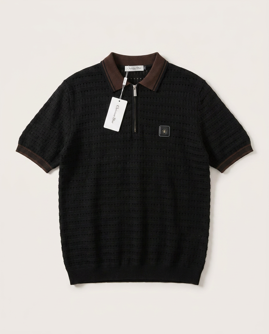 Dior - Black Textured Knit Polo Shirt with Bee Patch