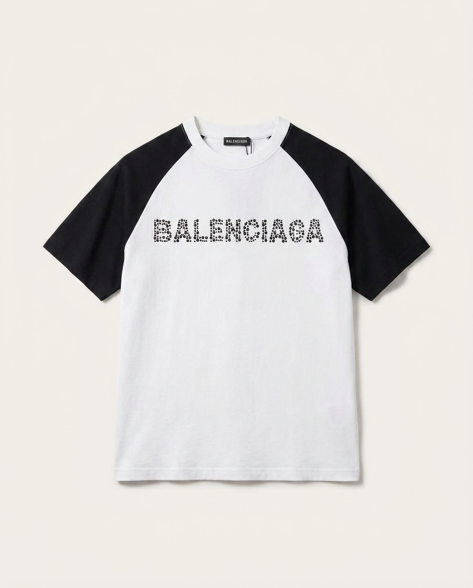 Balenciaga - White & Black Raglan T-Shirt with Studded Logo