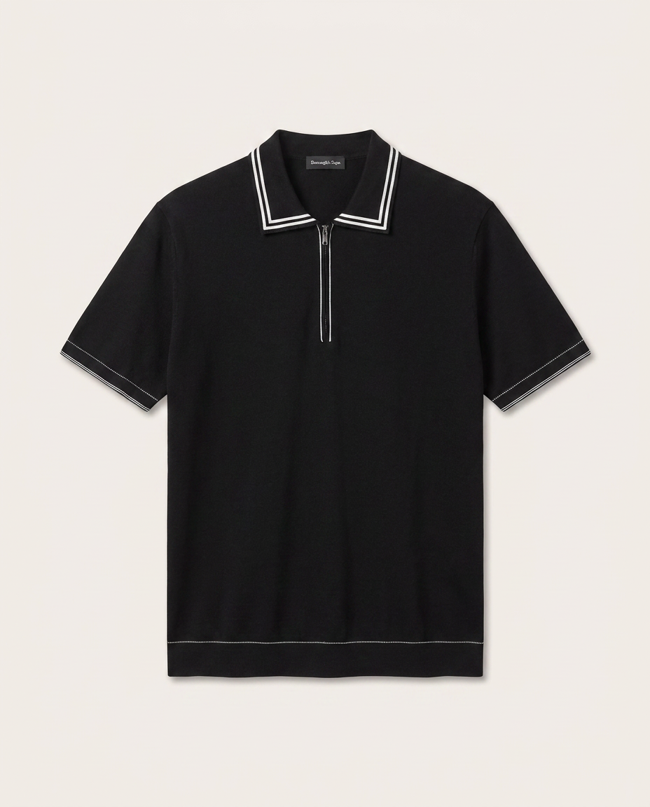 Zegna - Black Knitted Half-Zip Polo Shirt with White Trim